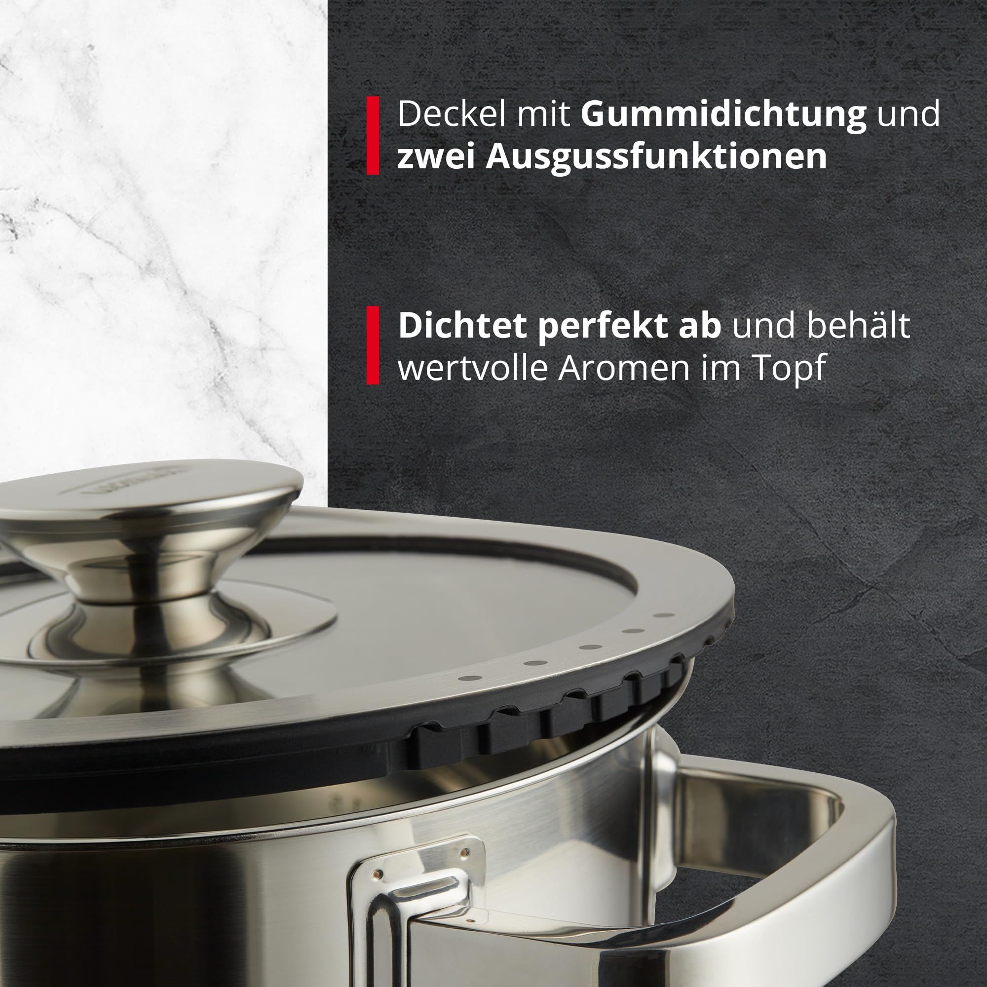Meisterkoch Topfset Induktion Edelstahl Kochtopfset 3-teilig, Silikonring mit Sieb im Glasdeckel, Hitzeisolierende Griffe, Innenskala, spülmaschinengeeignet, für alle Herdarten