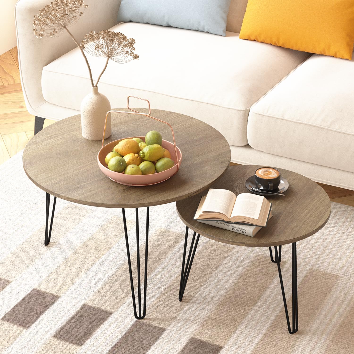 2Pcs Nesting Tables for Living Room, Round Nesting Coffee Table, Farmhouse End Tables Living Room Set of 2, Wood Side Tables Set of 2 for Sofa, Bedroom Nightstand, Small Circled Coffee Tables