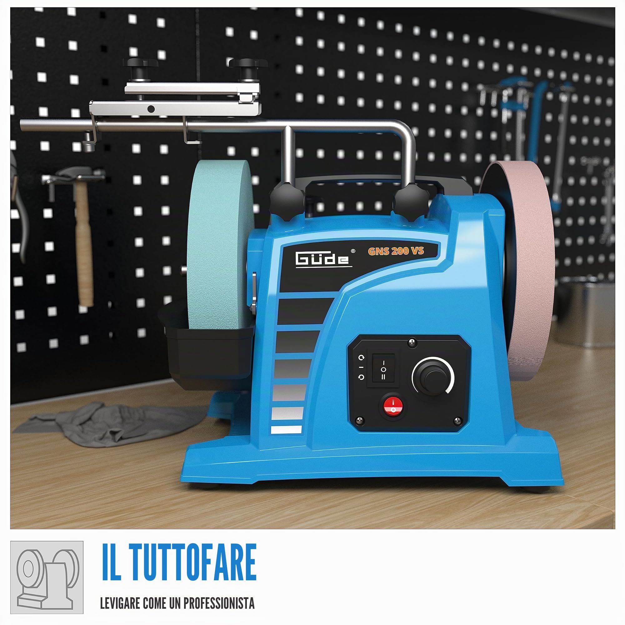 Güde 55247 GNS 200 VS Smerigliatrice a umido (230 V, 120 W, 200 mm, disco abrasivo a secco e a umido), blu, 45,5 x 28 x 37 cm