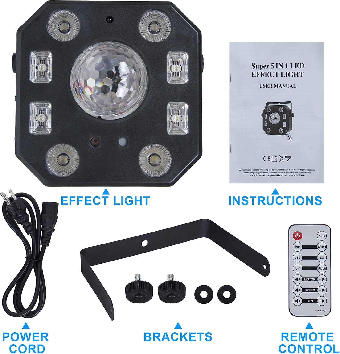 Stage DJ Party 5 in 1 Mixed Effect Lights with Magic Ball, LED Par Pattern Lights and Strobe/UV,Sound Activated Disco with Remote DMX Control, Great for Wedding/Church/Club/Party
