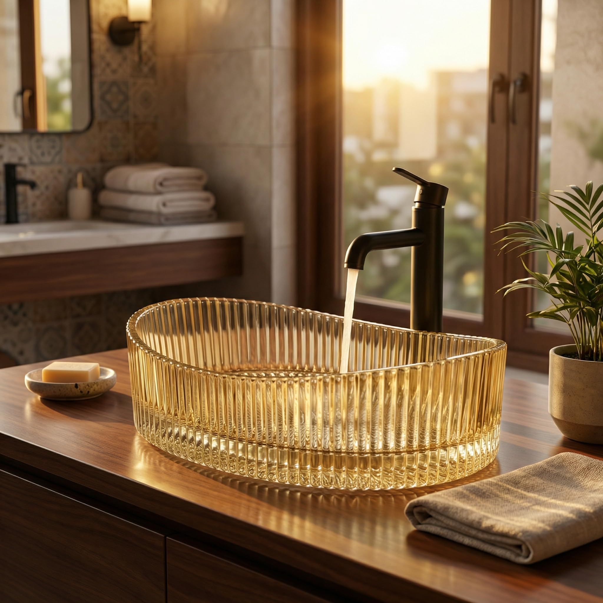 InArt Luxury Gold Glass Basin 50x37x14cm - Oval Countertop Wash Basin with Glossy Finish, Easy Clean, Modern Style for Bathrooms & Living Rooms (Gold 1)
