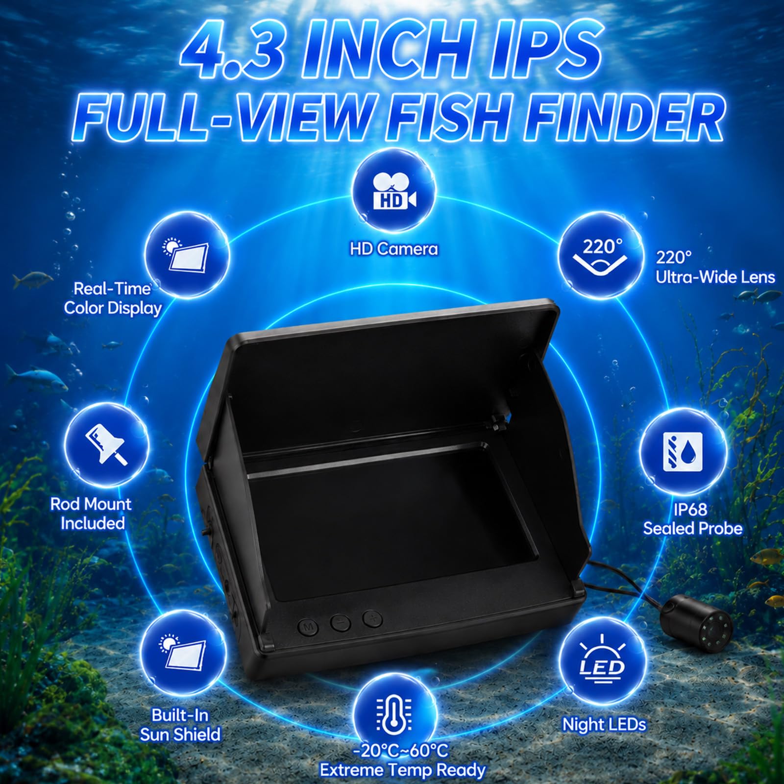 Caméra sous-Marine HD 1080p, Fish Finder Sondeur Bateau avec écran 4,3"(15m)