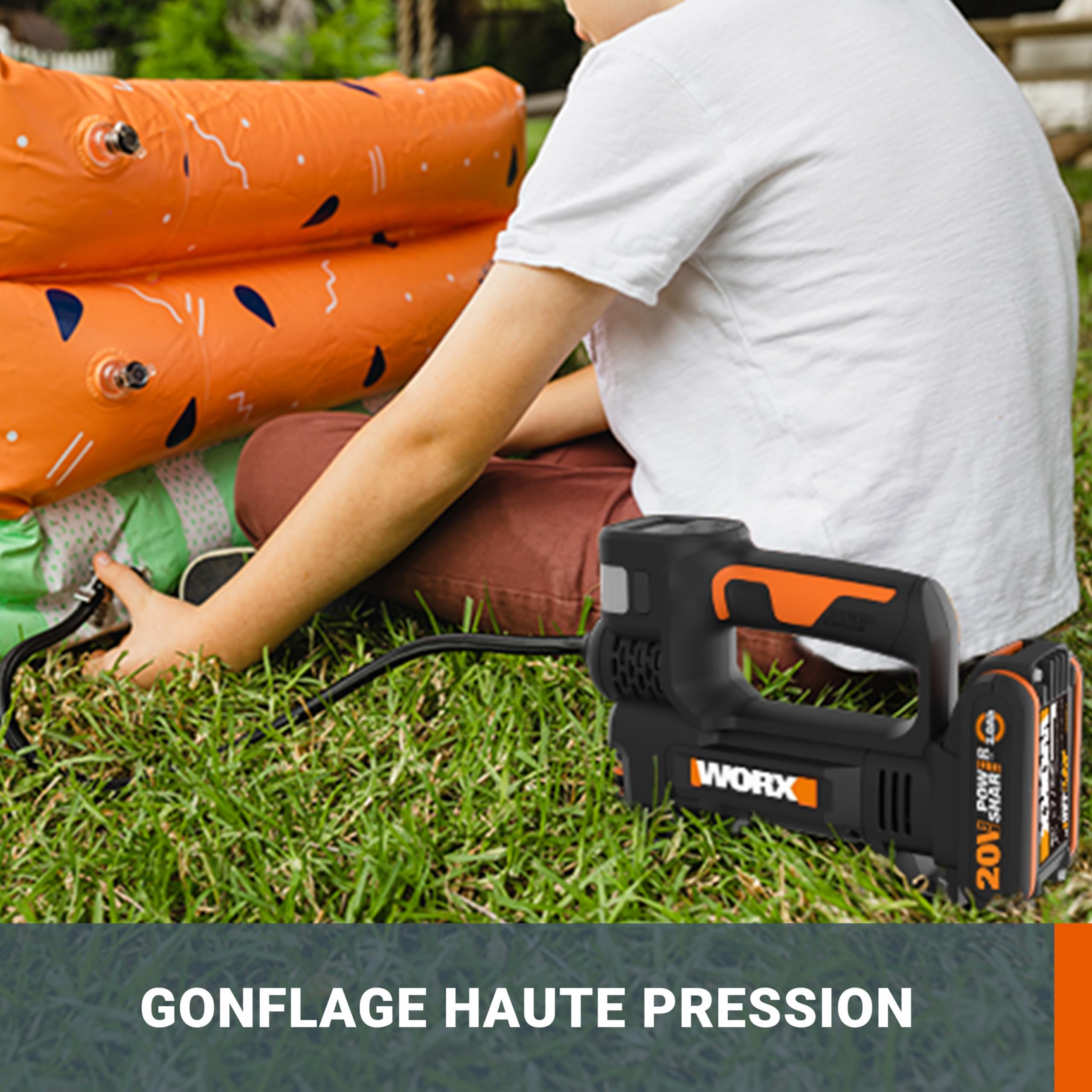 WORX Compresseur à Air Multifonction sans Fil 20V WX092.9, 150 PSI, Pompe à vélo, Mini-compresseur électrique, Outil 4 en 1, Projecteur LED, Facile à Transporter, Livré sans Batterie ni Chargeur