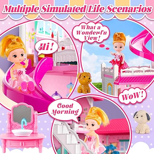 Miniatura 5 de Casa de muñecas para niñas, casa de muñecas de 10 habitaciones con figura de muñecas, cachorros, muebles, accesorios, casa de juegos para niños para