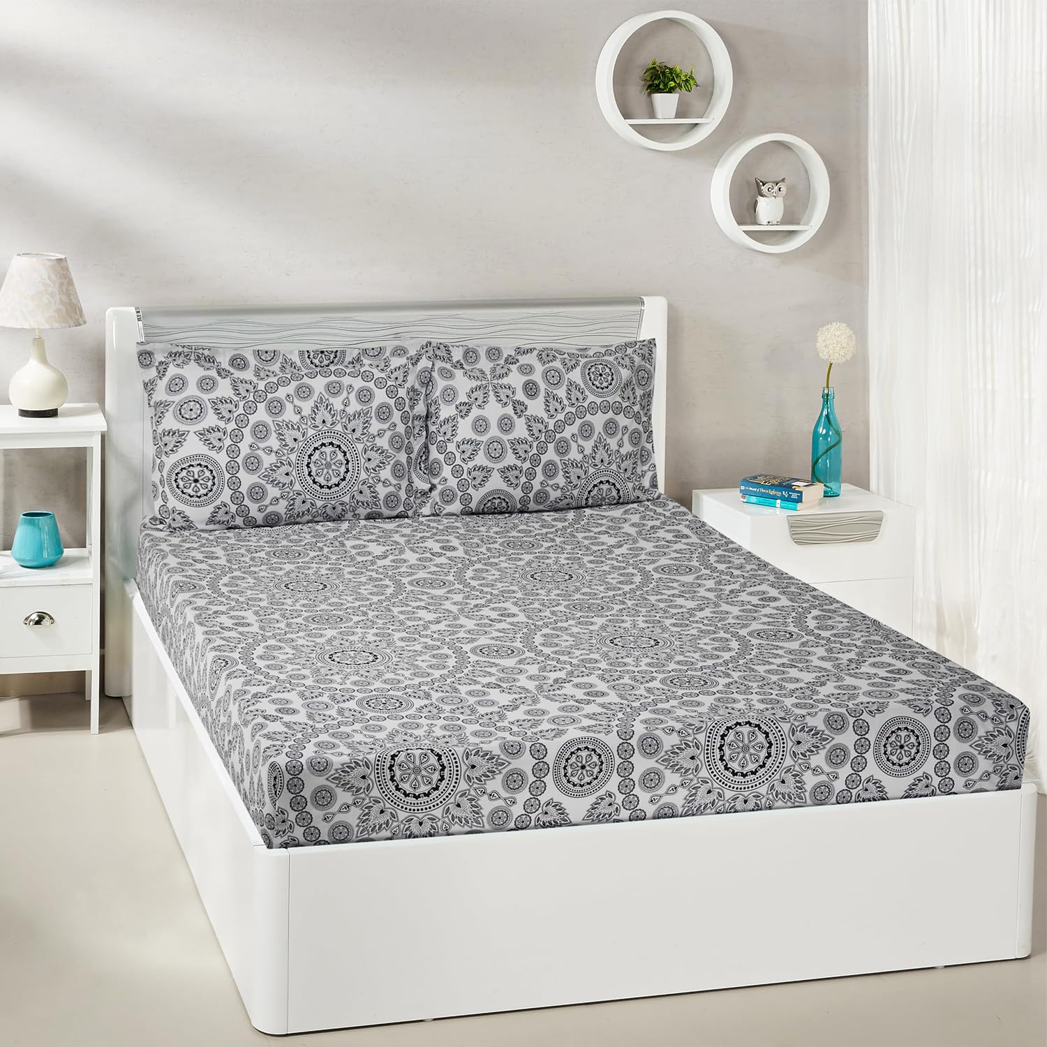 Amazon Brand - Solimo Damask Fantasy 144 TC 100% Cotton King Size Bedsheet with 2 Pillow Covers, White (B0CTMNQP45) Amazon Price History, Amazon Price Tracker