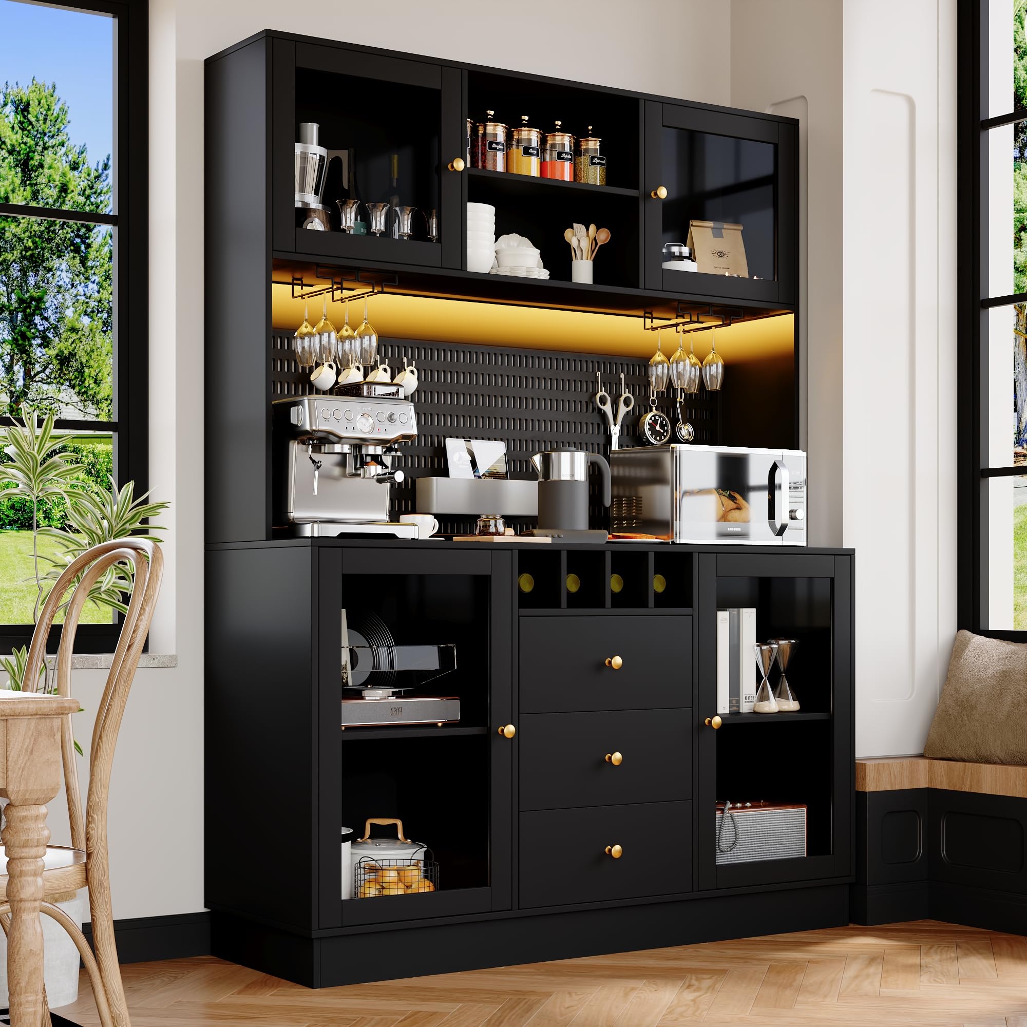 DRIXNO Hochschrank, Küchenschrank mit LED Beleuchtung, Buffetschrank mit Schubladen, Verstellbaren Ablagen, Esszimmerschrank, Seitenschrank mit Weinregal und Kippsicherung, 140x40x185.7 cm, Schwarz