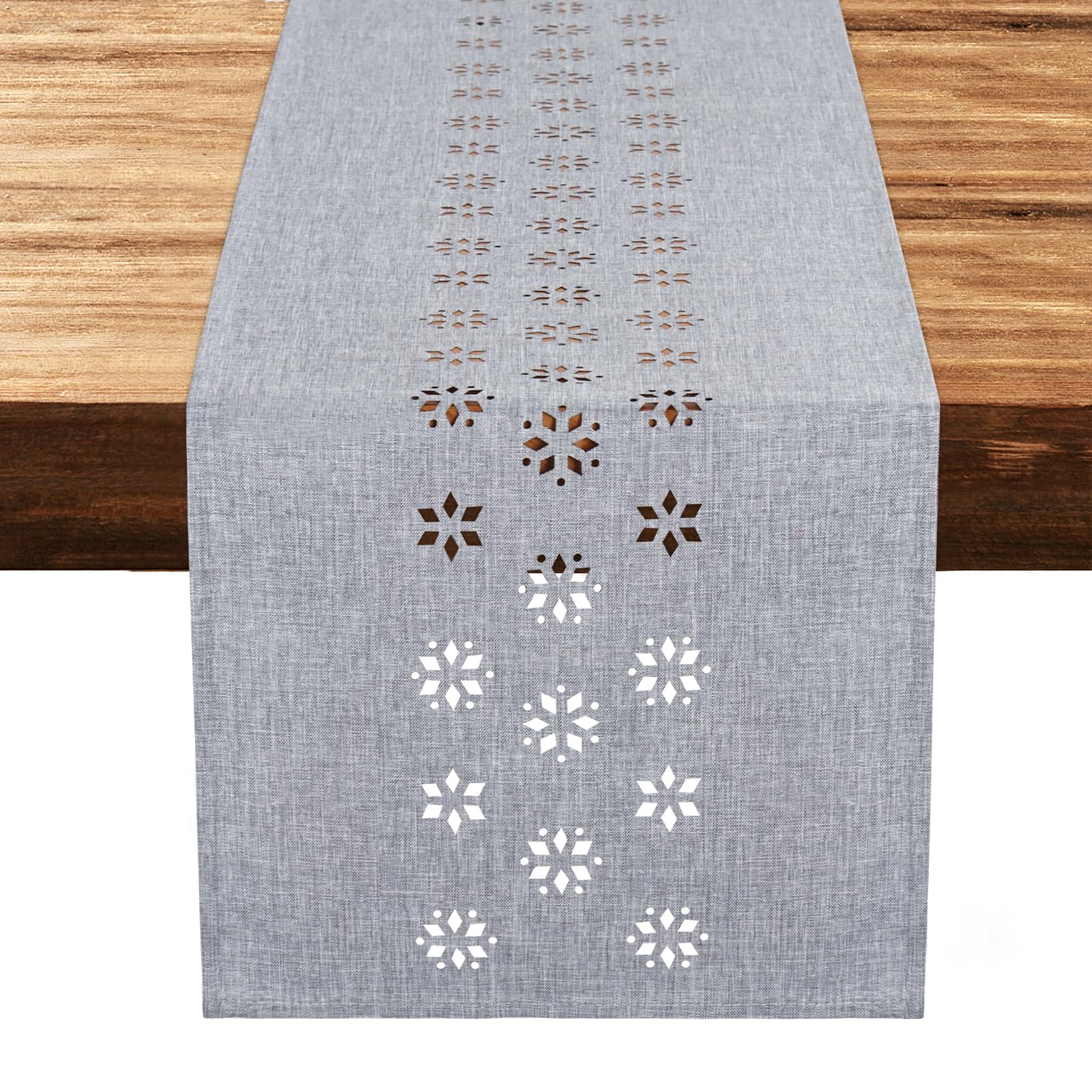 MEIVINES Rustic Table Runner 32 x 180 cm Linen Grey Table Runner Modern Kitchen Dining Table Decoration Farmhouse Style Geometric Hollow Table Runners for for Dining Kitchen Table Centerpiece Decor