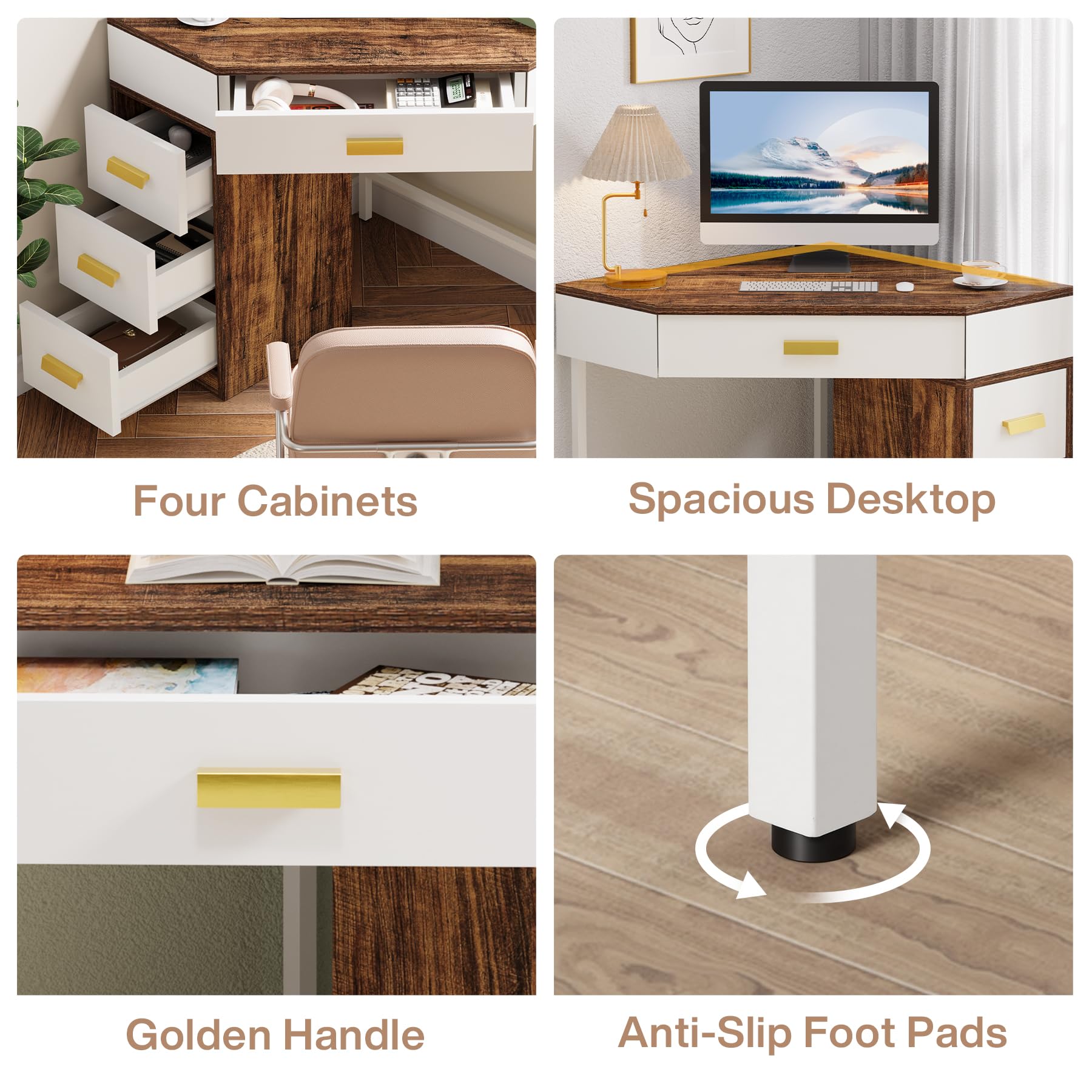 Tribesigns Scrivania Angolare con 4 Cassetti, Scrivania per Computer Salvaspazio a 90°, Scrivania Ufficio con Contenitore, Tavolo PC per Studio, Camera da Letto, Soggiorno, Marrone/Bianco