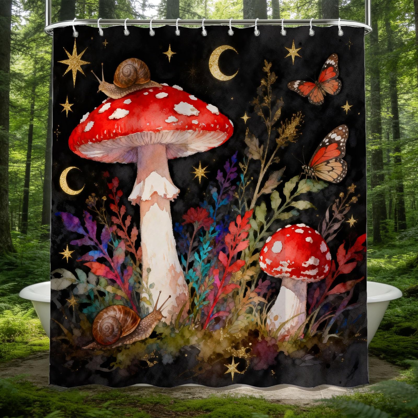 Hongduo White 3D Cartoon Mushroom Shower Curtain For Stalls Bathtubs Snail Butterfly Bathroom Decor Shower Curtain Set Polyester Fabric Waterproof 180X180cm/71X71 Inch With Hooks