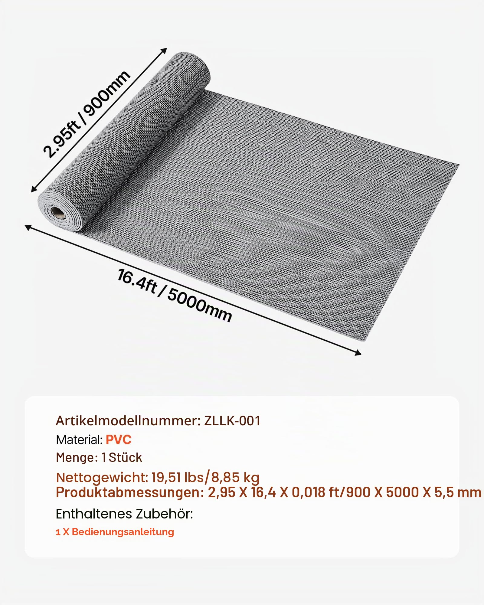 VEVOR Drainagematte PVC (0,9 m x 5 m), rutschfeste PVC-Bodenmatte Spritzschutzmatte für Nassbereiche, Hohlmattenrolle, Antirutschmatte für Schwimmbäder, Terrassen, Badezimmer & Toiletten, Grau