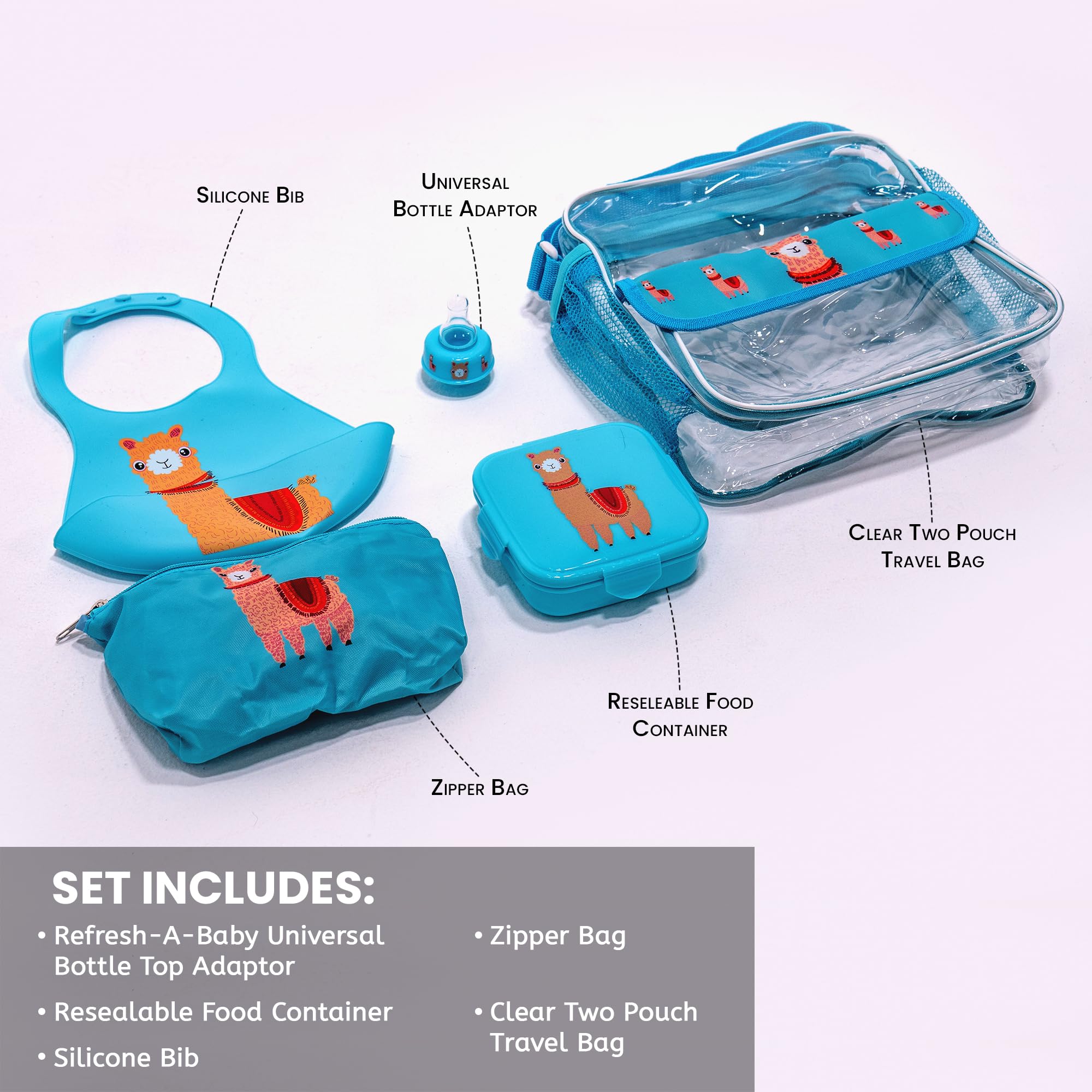 Refresh-a-Baby Feeding Essentials Kit for Feeding on The go Includes: Universal Bottle Top Adaptor Resealable Container Silicone Bib Clear Travel Bag & More (Llama Love)