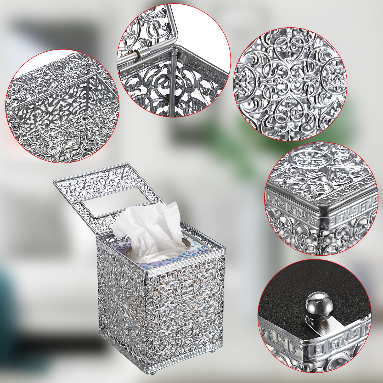 Sumnacon Boîte à mouchoirs carrée avec couvercle, support de boîte à mouchoirs en métal élégant pour salle de bain, toilettes, cuisine, table, bureau à domicile, argent