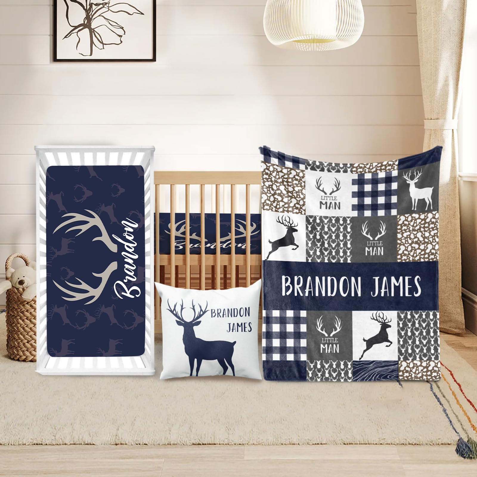 Custom Crib Bedding Set Deer Design Personalized Name Baby Nursery  Bedding Pcs Set Chic Soft Blanket, Sheet, Pillowcase for Newborns Boys  Girls