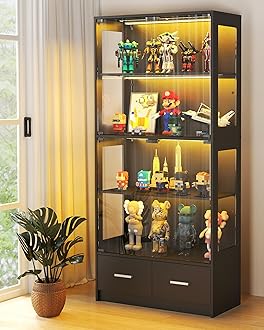 Glass Display Cabinet with Doors - Curio Cabinet with Dynamic LED Lights for Collectibles, 67" Display Case with 4 Tier and Drawers for Figure, Toys, Books, Black