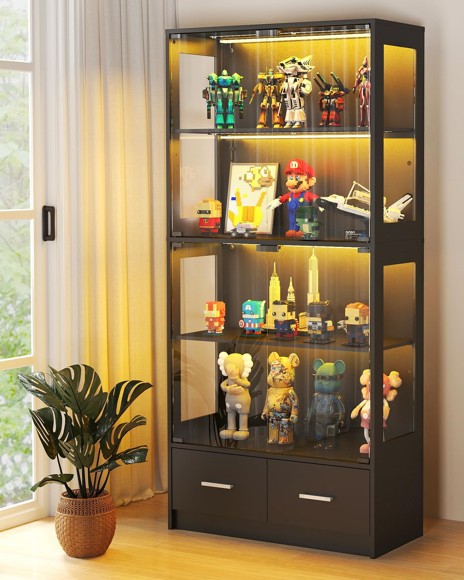Lamtor Glass Display Cabinet with Doors - Curio Cabinet with Dynamic LED Lights for Collectibles, 67" Display Case with 4 Tier and Drawers for Figure, Toys, Books, Black