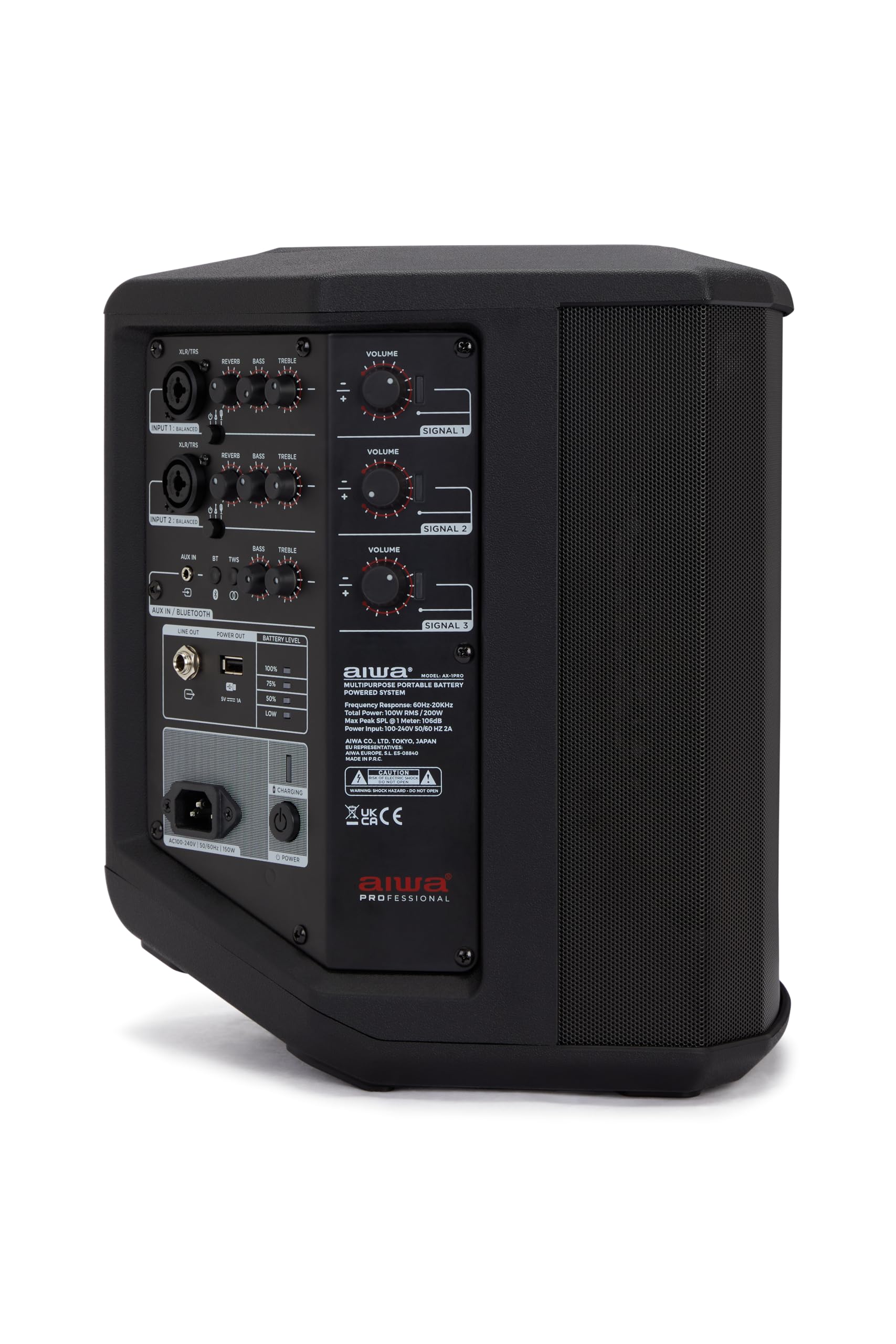 AIWA AX-1PRO Altavoz Activo portátil con batería, 100 W RMS con DSP, Bluetooth 5.0 TWS, 3 Canales de Mezcla, 106 dB, entradas XLR/Jack, USB, Vaso para Soporte de 35 mm