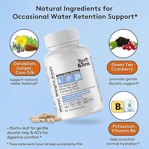 Miniatura 4 de Youth & Tonic Water Weight Away – Herbal Diuretics for Water Retention & Bloating Support – with Potassium & Vitamin B6 for Fluid Balance – 90 Pills