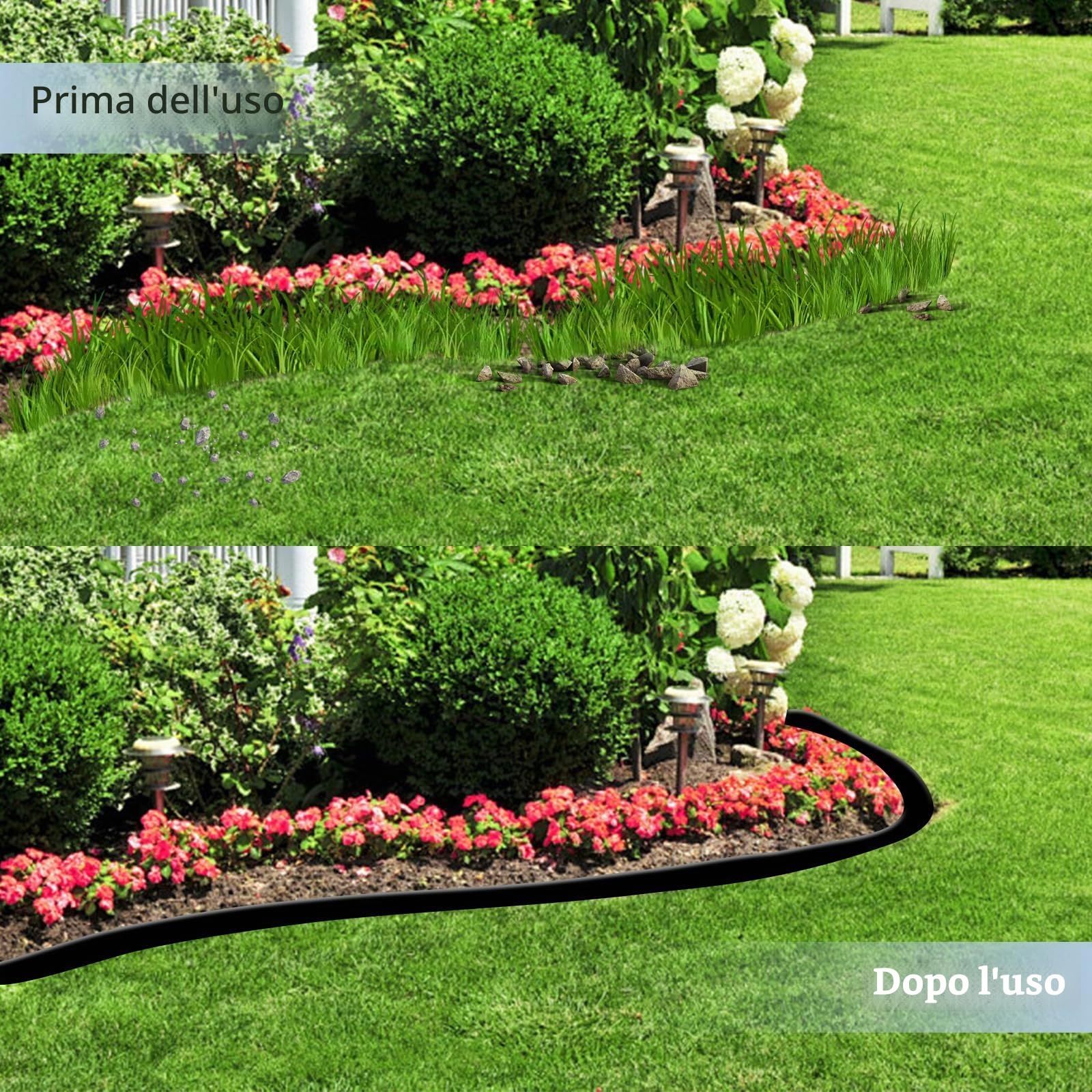 Bordo per Aiuole da Giardino 10 m con 60 Picchetti – Bordura per Prato in Plastica Flessibile, Altezza 10 cm – Separatore per Aiuole e Vialetti, Nero