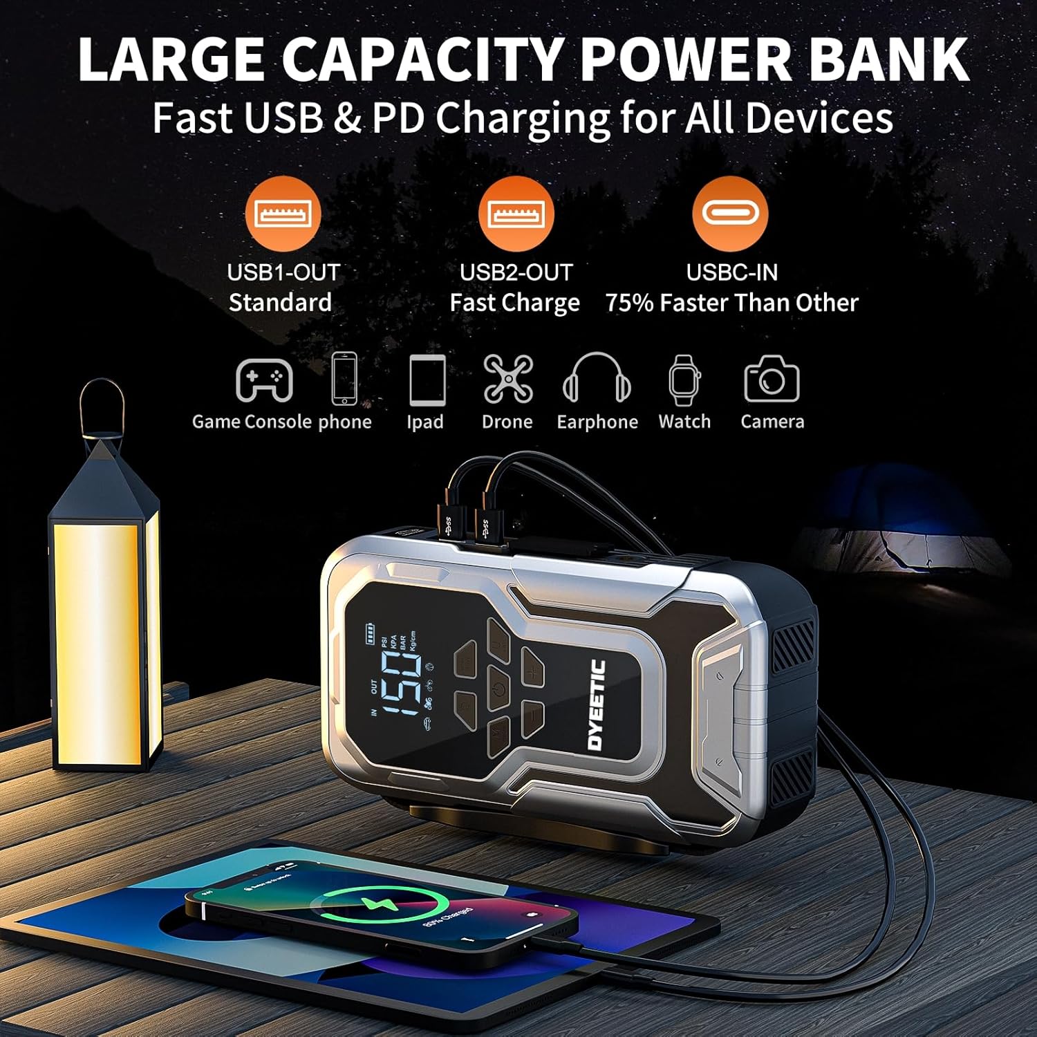 Dyeetic D18 jump starter acting as a power bank, charging a smartphone and tablet via USB ports.