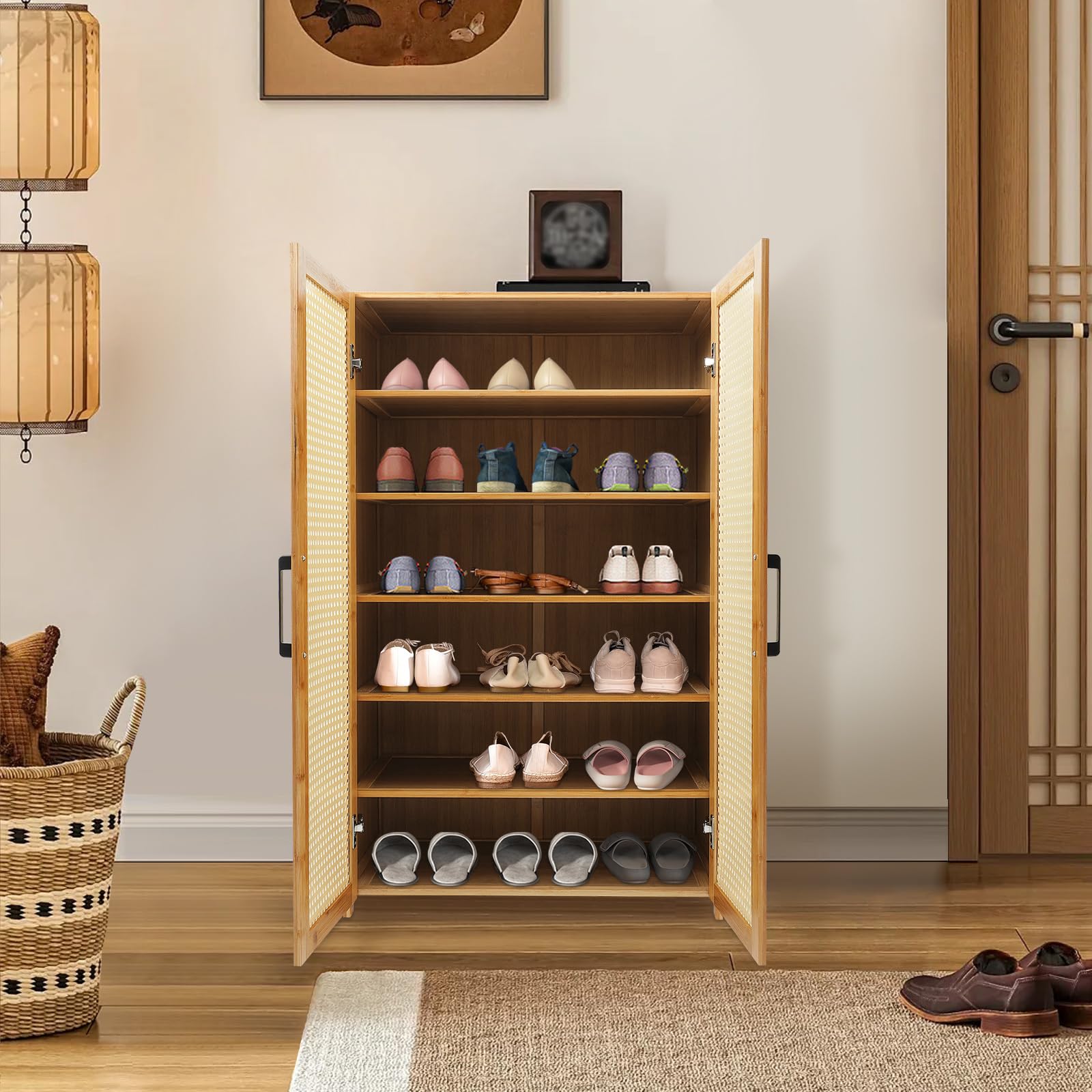 Zapatero de bambú de 6 niveles con puertas y ventilación, para 18 – 24 pares de zapatos, moderno organizador de zapatos para pasillo, dormitorio y armario