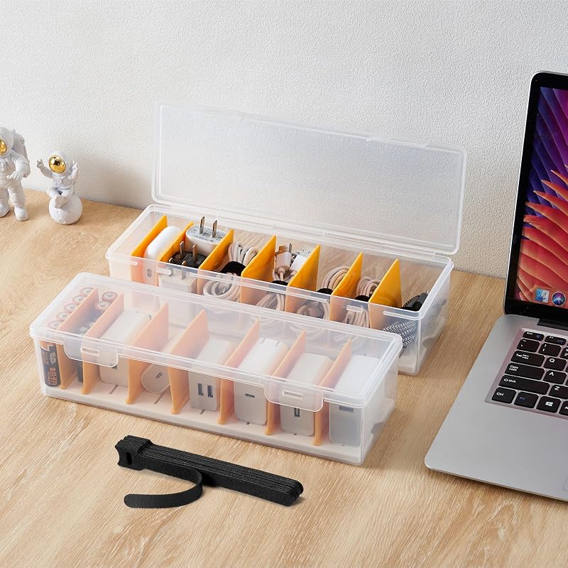 2 Pack Cable Organizer Storage Box with 16 Cable Ties, Clear Phone Charger Organizer Case Wire Organizers for Cords Electronic Storage Box for Drawer Desk Office Home