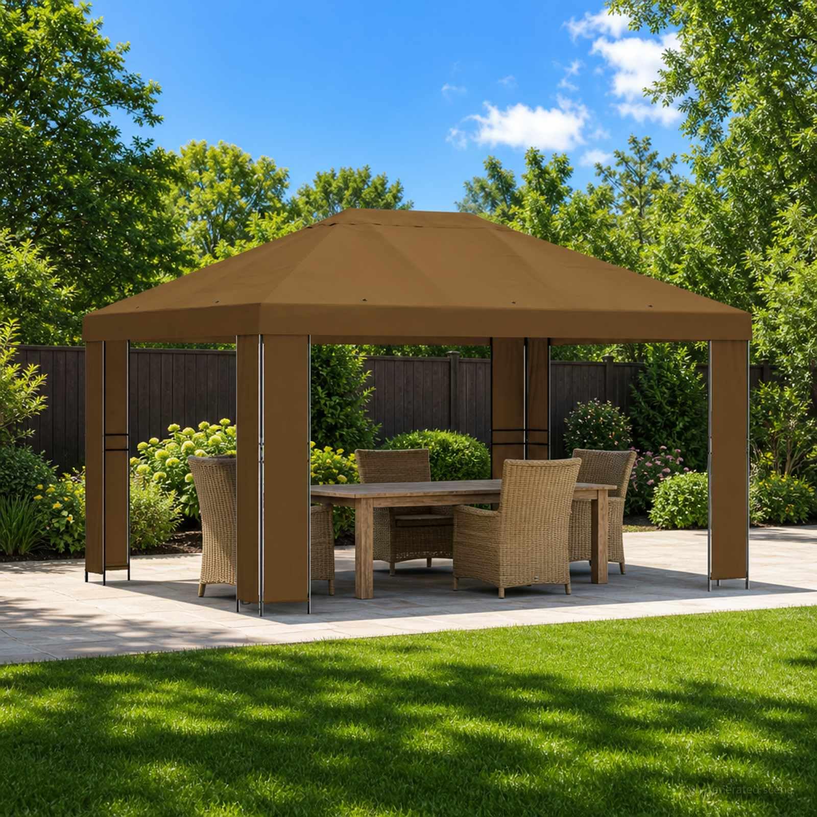 Pavillon 4 × 3 m Taupe en Polyester et Acier Robuste, abri extérieur résistant à l'eau, idéal pour Jardin, terrasse ou Camping, Protection Contre Soleil et Pluie, Montage Facile