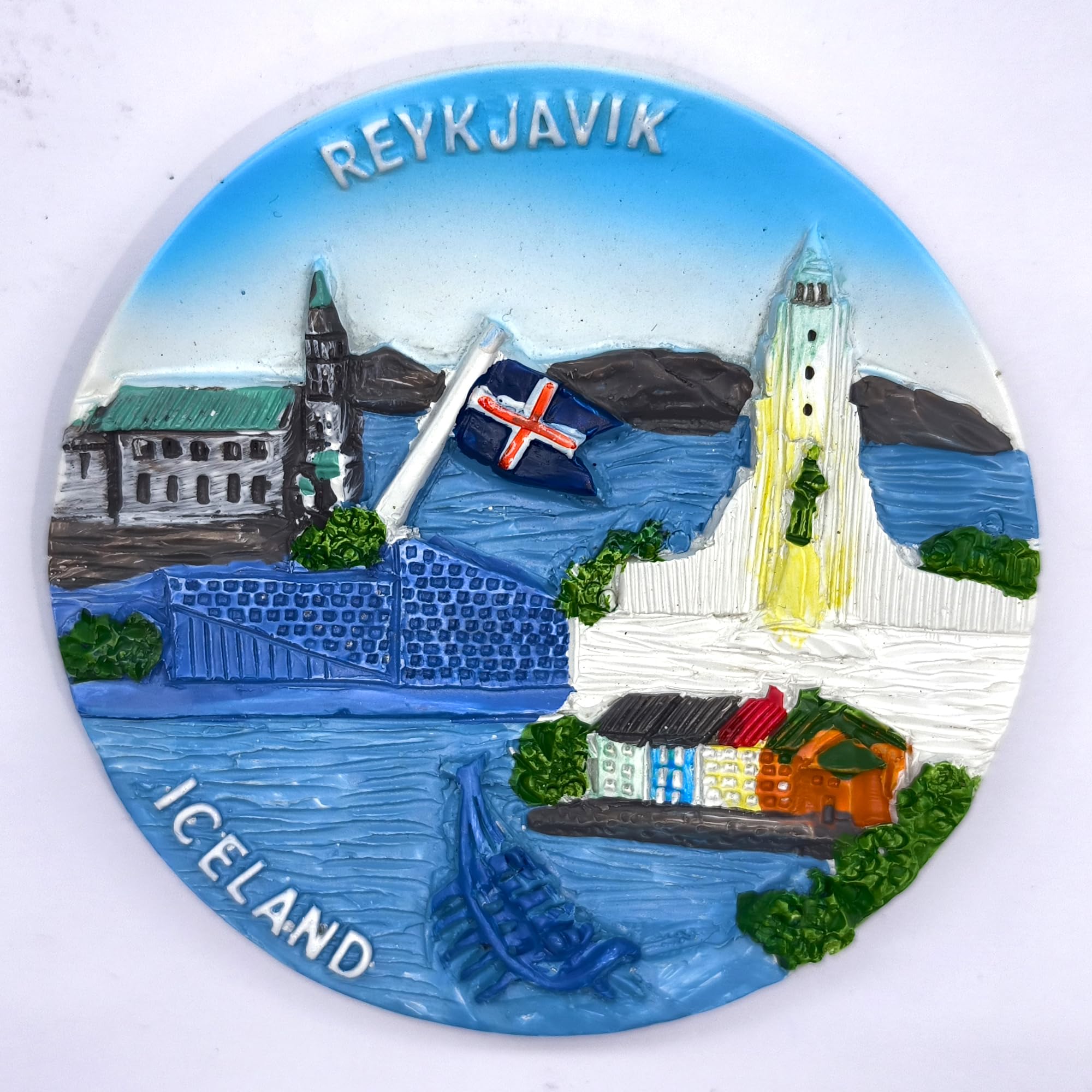 3D Reykjavik Iceland Fridge Magnet - Handcrafted Resin Souvenir with Icelandic Flag & Landmarks - Round Travel Magnet