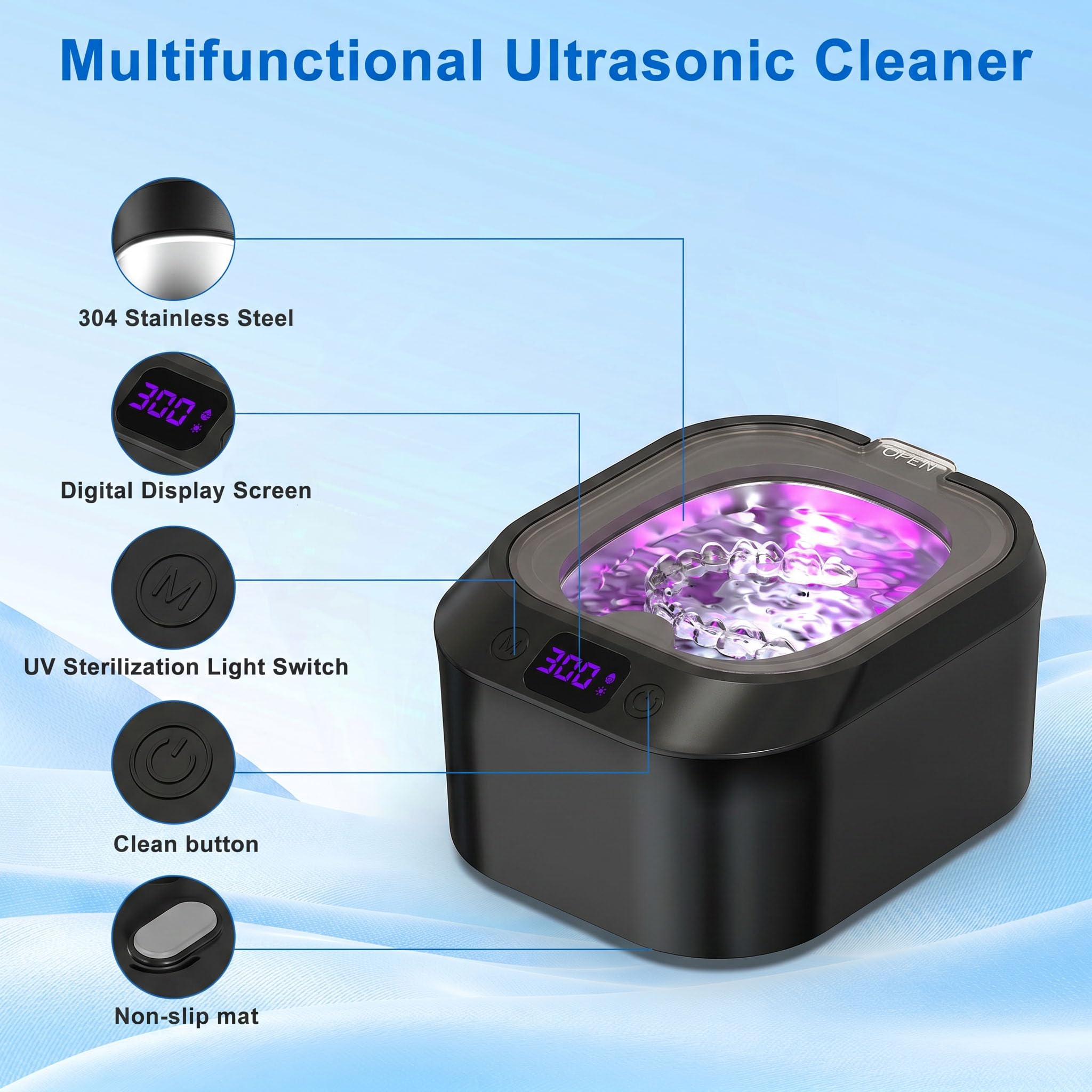 Limpiador ultrasónico de retención, limpiador ultrasónico U-V de 48 kHz para aparatos dentales, protector bucal, aparatos ortopédicos, cepillo de dientes, 220 ml, portátil, de acero