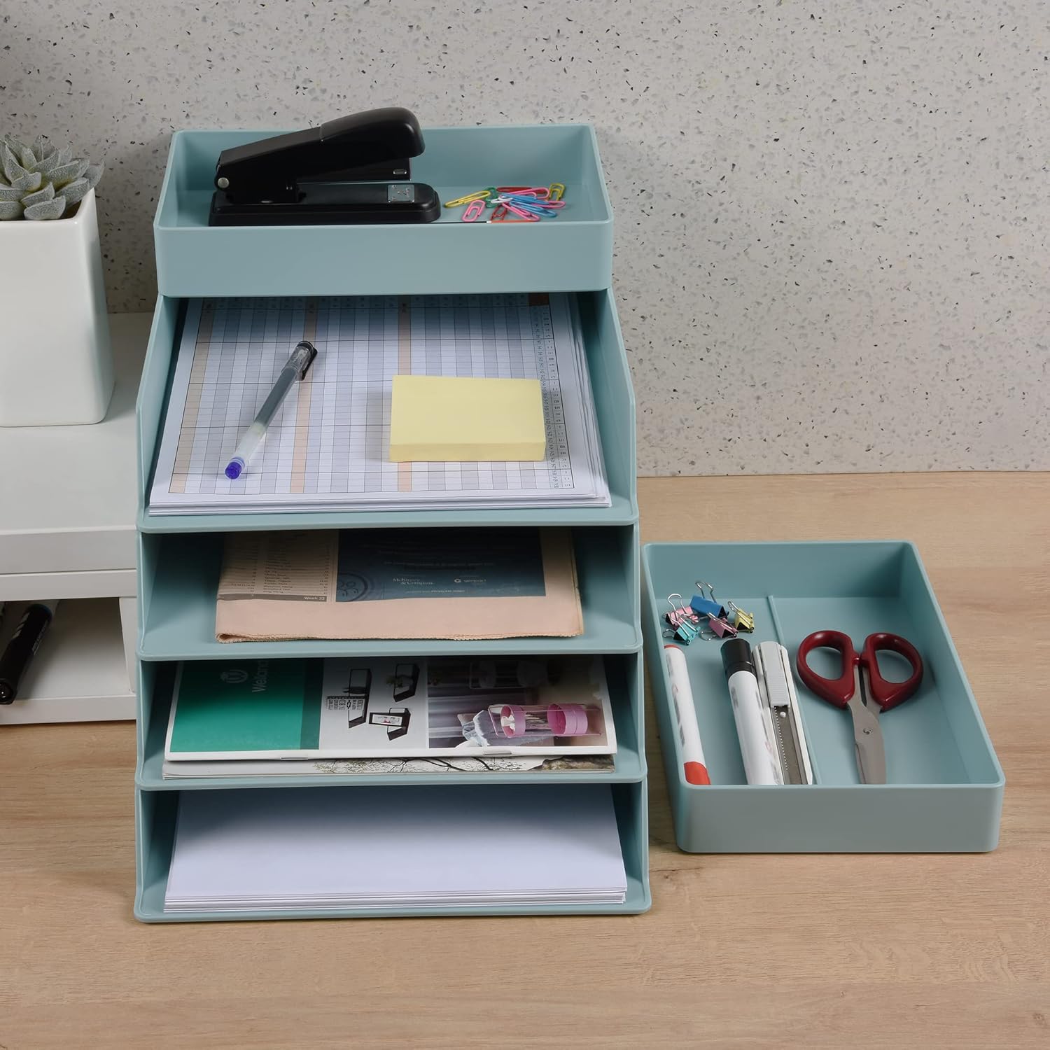 4 Tier Stackable Letter Tray File Organizer, Desktop Document File Tray Paper Sorter, Blue A4 Paper Organizer for Home, Office, School