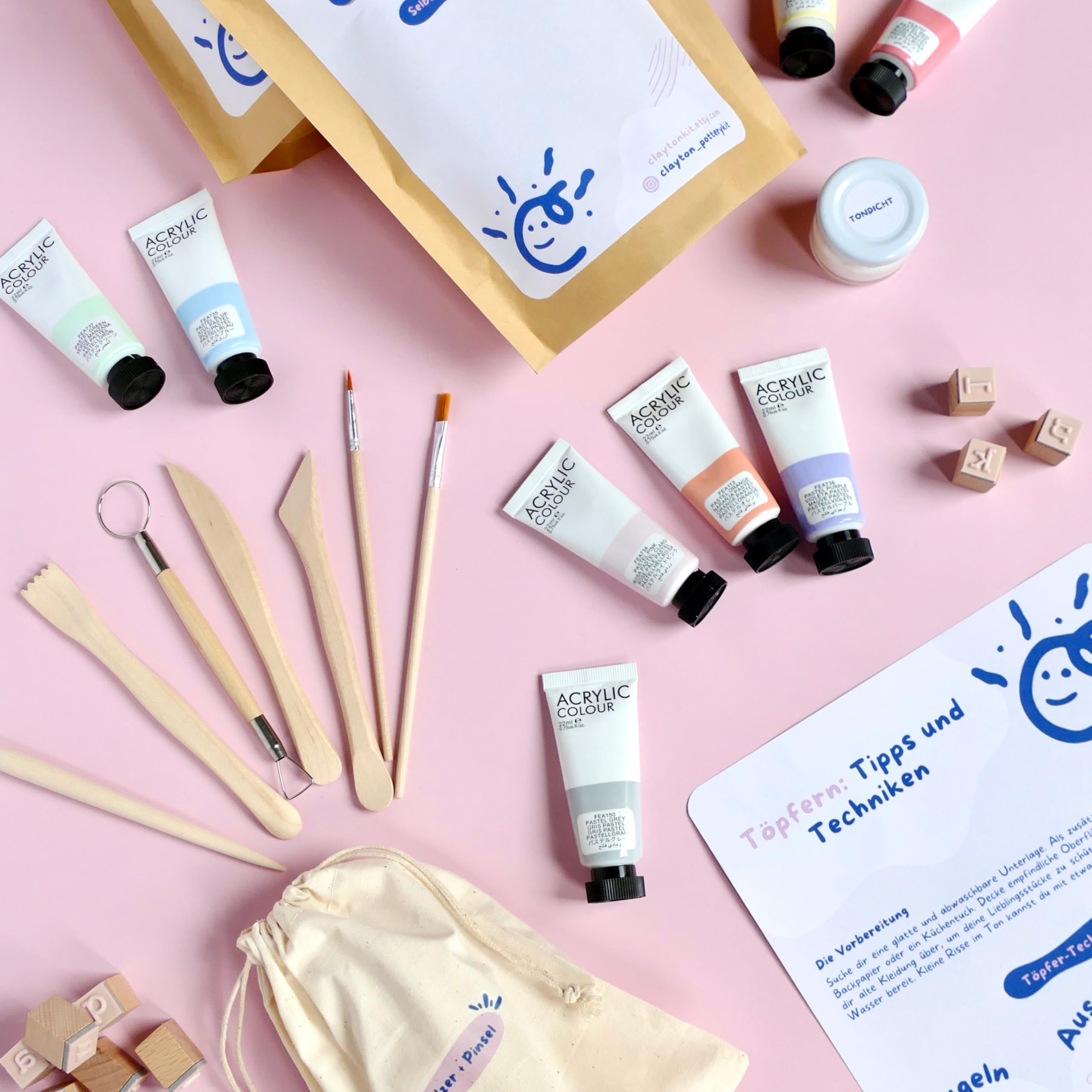 ClaytonKit Töpferset für Anfänger | Komplettes Starter Kit, Mit Ton, Farben & Werkzeug, Kreativset