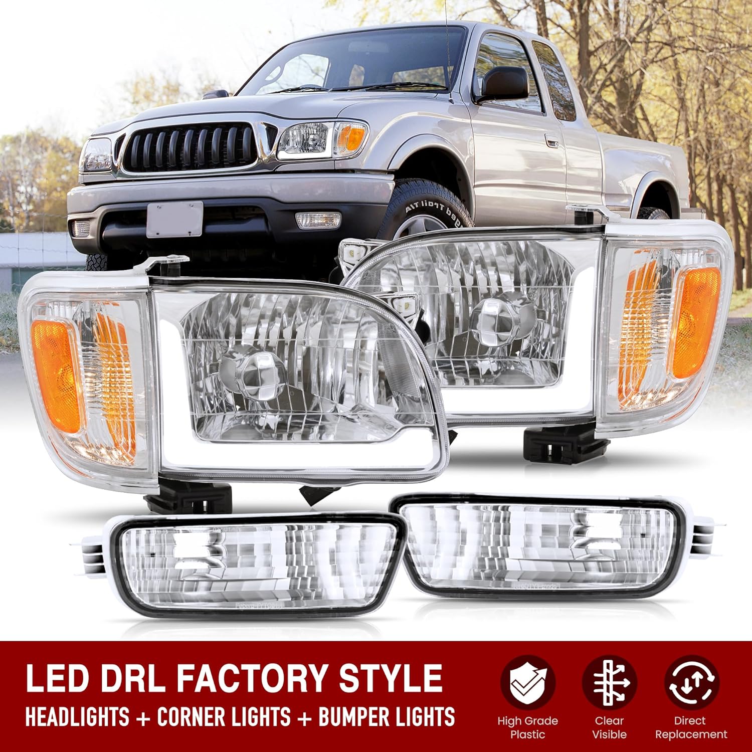 AJP Distributors LED DRL Bar Tube Headlights Assembly + Bumper Corner Signal Lamps Lights Left Right Pair Lens Compatible/Replacement For Tacoma 2001-2004 (Chrome Housing Clear/Amber Reflector)