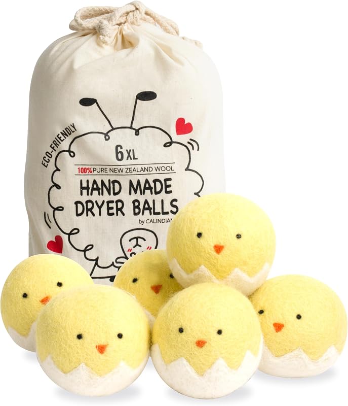 Calindiana 100% orgánico premium lana de Nueva Zelanda bolas secadoras lavandería reutilizable suavizante de tela, lindas hojas secadoras alternativas, antiestático tamaño XL, paquete de 6, pollito amarillo