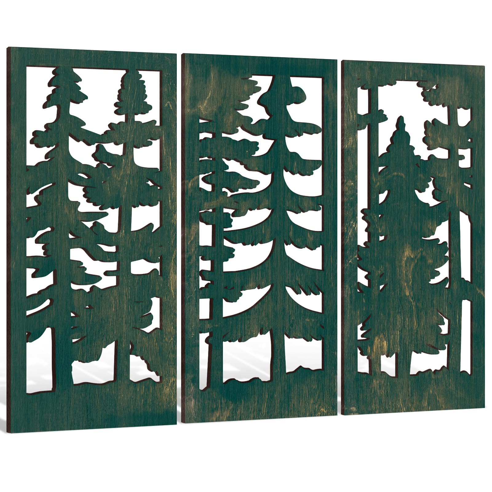 Yulejo 3 Pcs Pine Tree Forest Wall Art Rustic Wooden Forest Wall Decor Green Christmas Woodland Nature Pictures Wall Decor Horizontal Lodge Cabin Decor 16.54 x 8.27 Inch