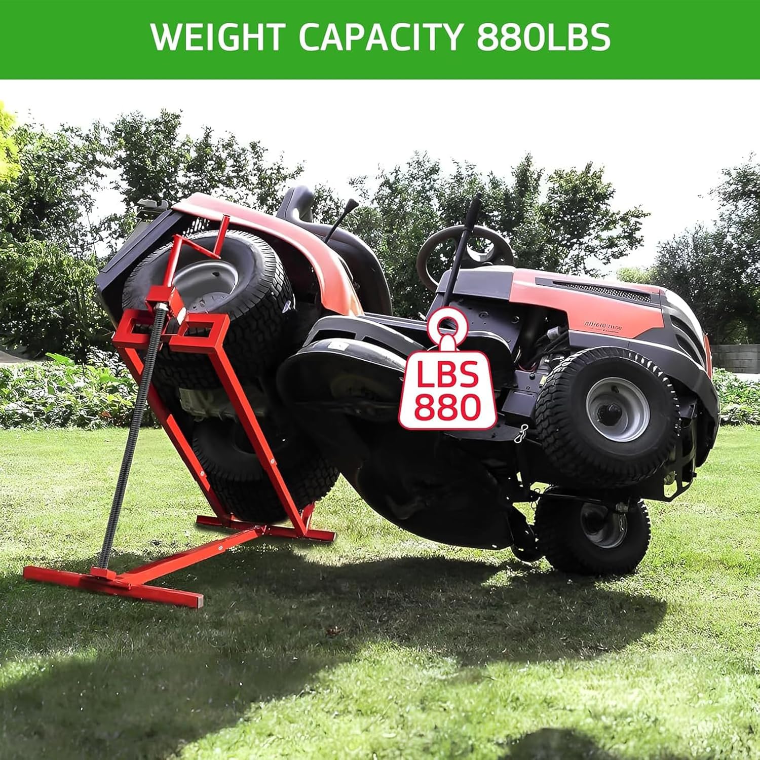 Lawn Mower Lift Jack, 880 Lbs Capacity Lawn Mower Lift Jack with Manual Handle and Power Tool Extension Handle, Foldable Design,Ride on Lawn Mower Lift for Lawn Mowers and Garden Tractors, Red