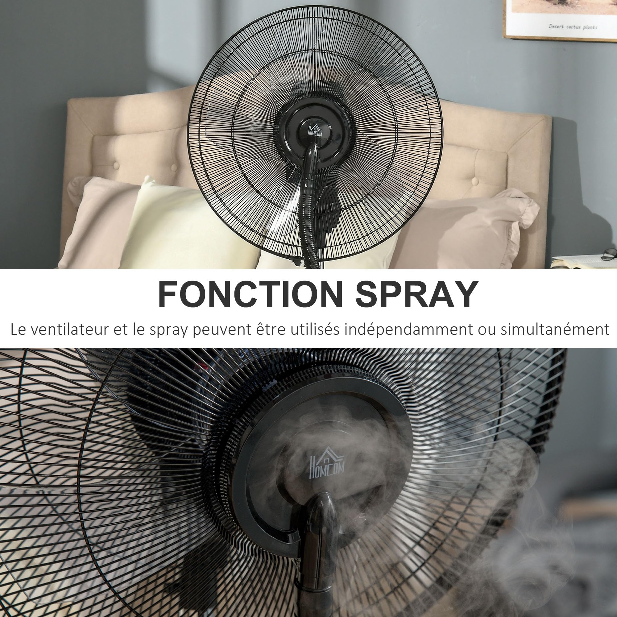 HOMCOM Ventilateur brumisateur silencieux 90 W, ventilateur sur pied 135 cm avec 3 modes 3 vitesses, télécommande, minuterie 12H, oscillation à 70°, écran LED, réservoir d'eau de 3,1L, gris et noir