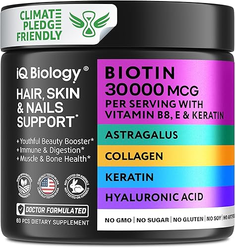 Biotin - Vitaminas para el cabello, piel y uñas con sílice, queratina y colágeno, vitaminas para el cabello para la pérdida de cabello para mujeres,