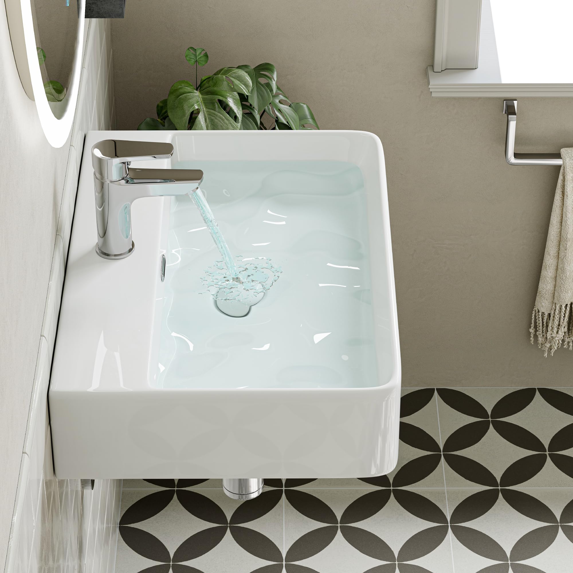HOROW Lavabo da Appoggio 60 cm Lavandino Bagno Rettangolare Sospeso Moderno, Lavabo Bagno in ceramica con Un Foro per Rubinetto e Troppopieno