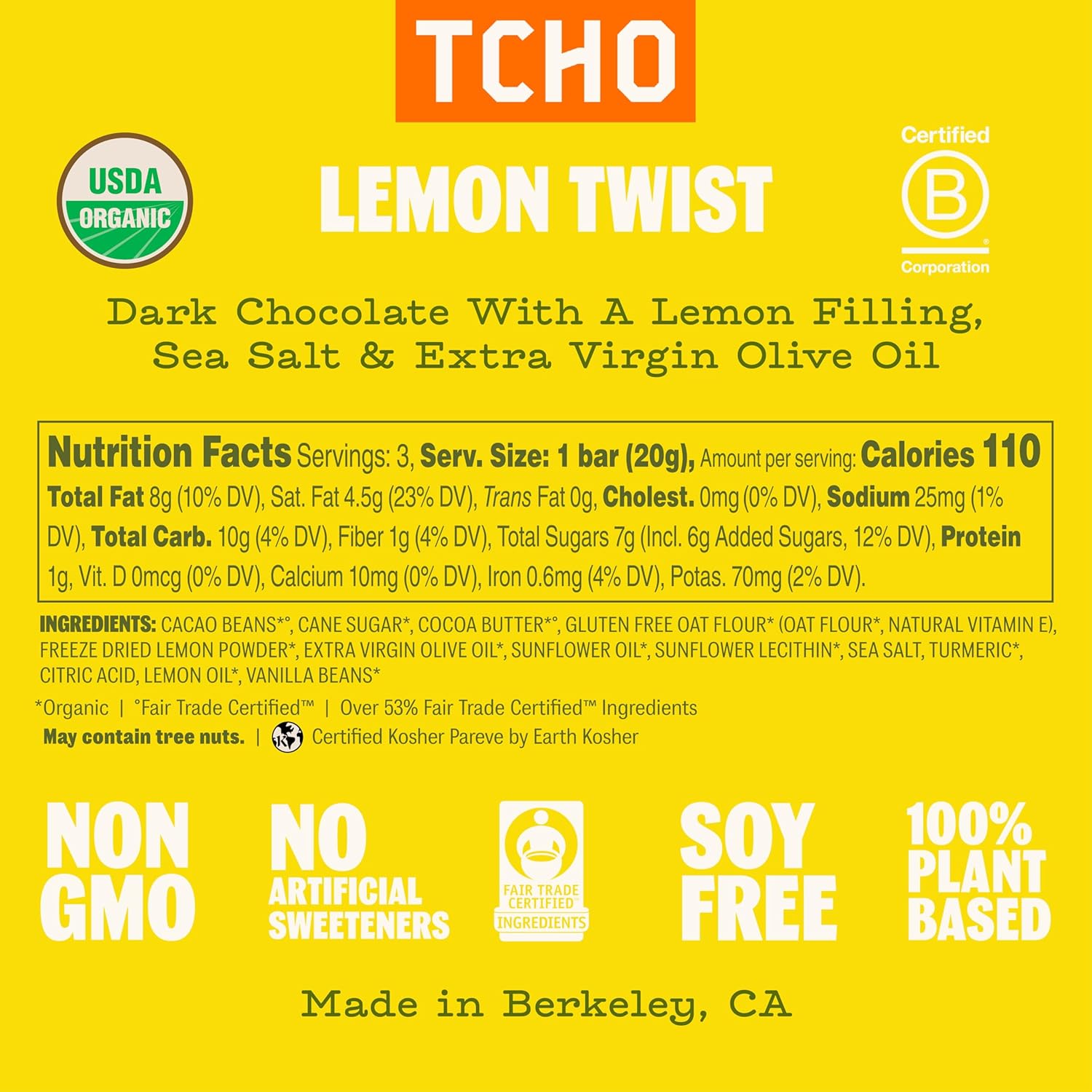 TCHO Lemon Twist Chocolate Bar (5 Pack) | 67% Dark Chocolate Shell with Lemon & Oat-Milk White Chocolate Filling | Plant-Based Organic & Fair Trade | Non GMO, Non-Dairy, Vegan, Soy Free (2.1oz each)