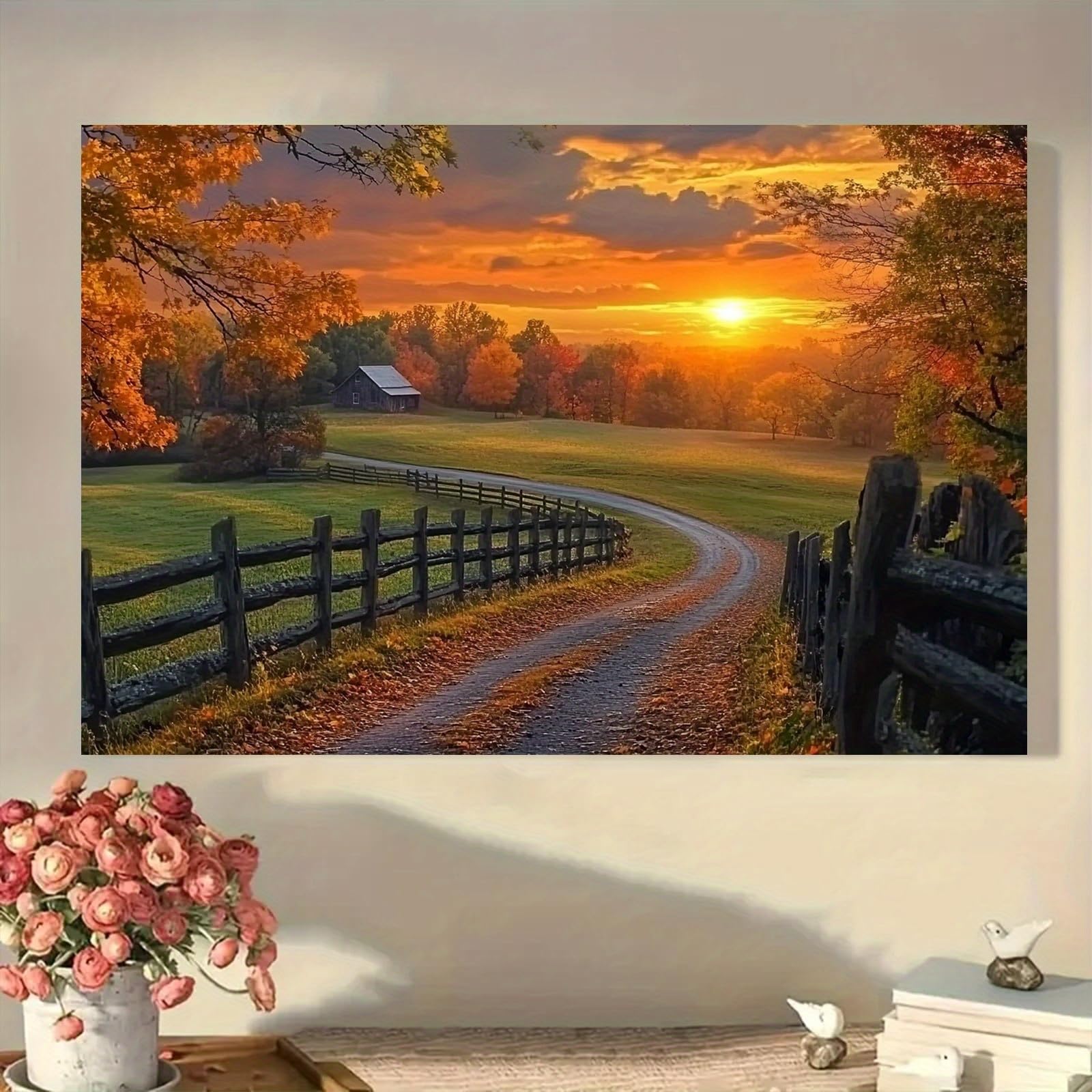 EGJEPWFH Autumn Sunset Country Road Scenic Wall Art-Serene And Stunning Autumn Artwork Vivid Color Canvas Art(60x90cm/No frame)