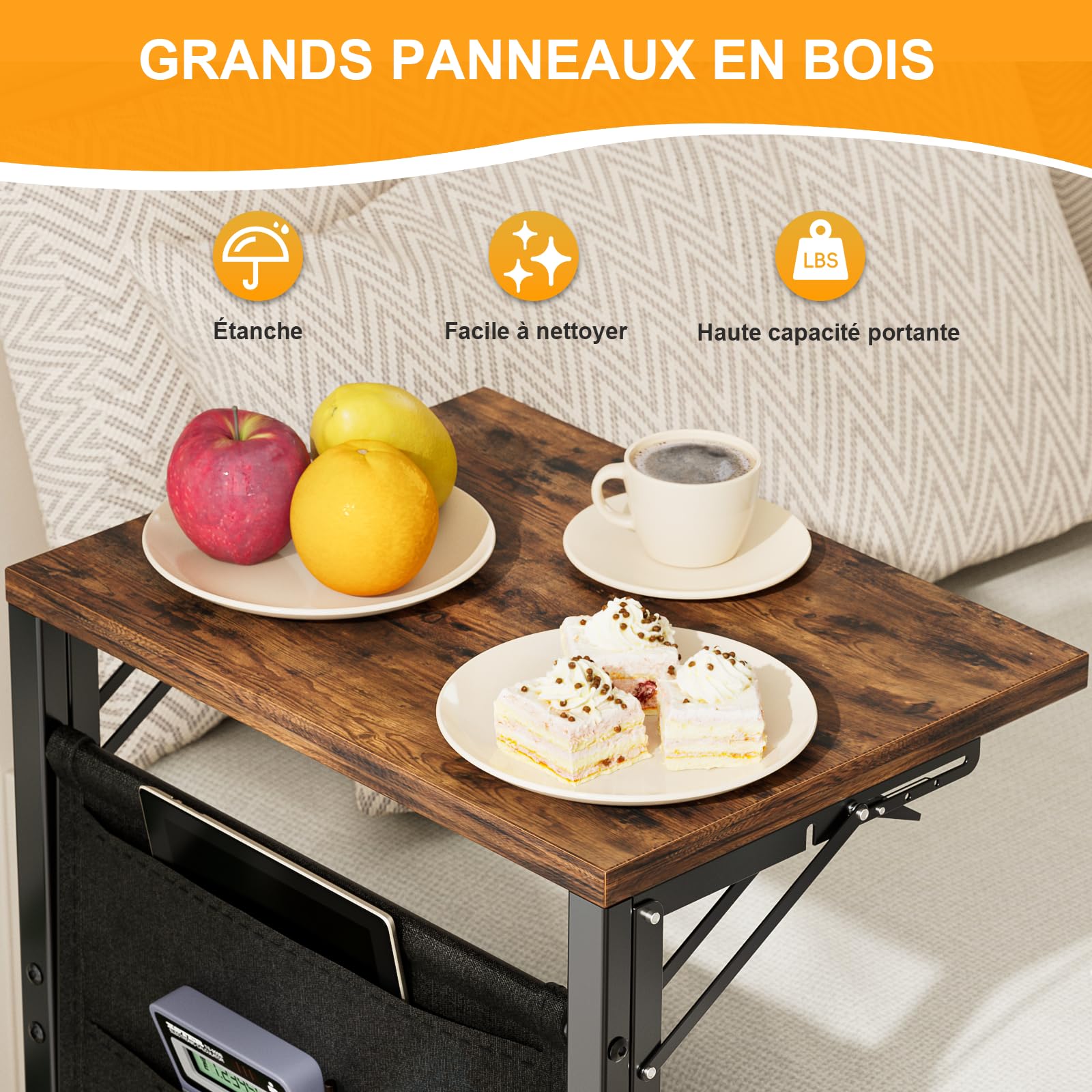 Idéal Canapé Ou Lit Table D'appoint Forme C SOLAVERO - Avec Prises Et Ports USB, Hauteur Réglable, Plateau Bois, Marron Table D'appoint En C