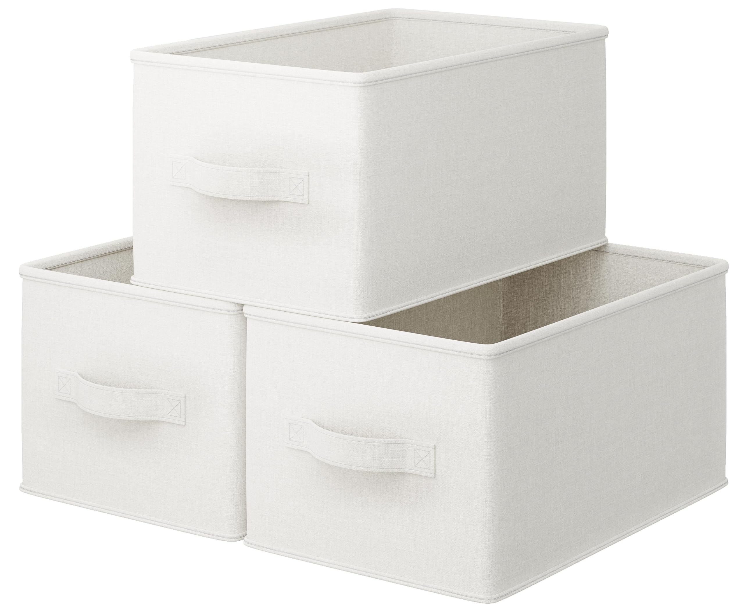 Collapsible Linen Fabric Storage Bins - 3 Pack for Organization, Durable for Closet, Shelves, Clothes, Toys - 14.57" L x 10.23" W x 9.53" H, White