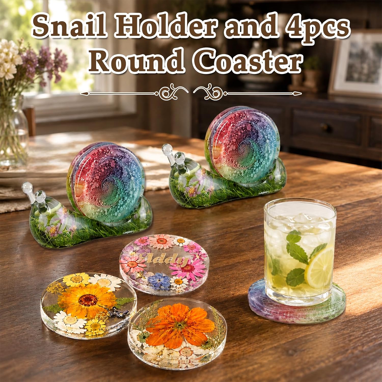 LET'S RESIN Coaster Resin Molds, Snail Holder + 4Cavity Round Coaster Molds, Resin Art Siliocne Molds for Epoxy Resin, Flower Preservation, DIY Art Craft Cup Mats, Gifts for Artist