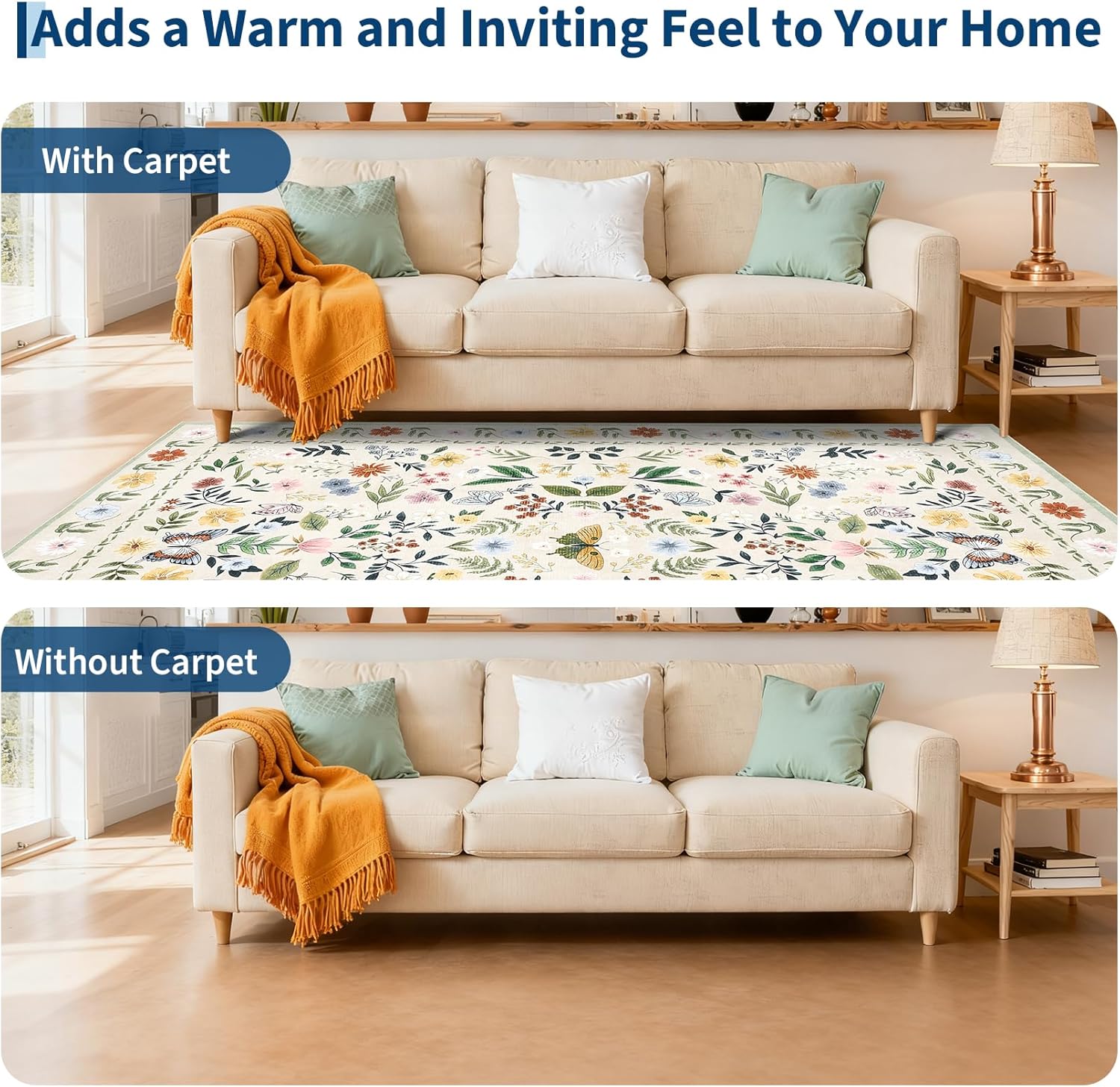 GarveeHome Floral Rug 5x7 Vintage Washable Non-Slip Living Room Carpet Soft Low Pile Thin Bedroom Floor Mat Indoor for Dining Room Playroom Nursery Farmhouse (Beige)