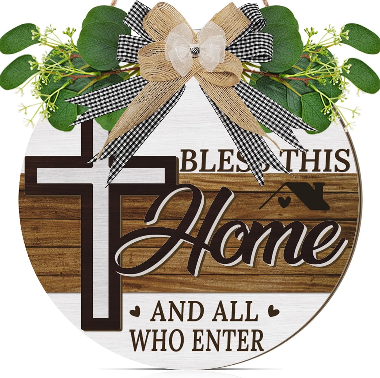 TOARTi 3D Bless This Home Front Door Sign,Vintage Welcome Door Wreath,Boho Welcome Sign Cross with Bow,Rustic Religious Christian Cross Wall Decor for Front Porch Outdoor Yard Living Room Indoor