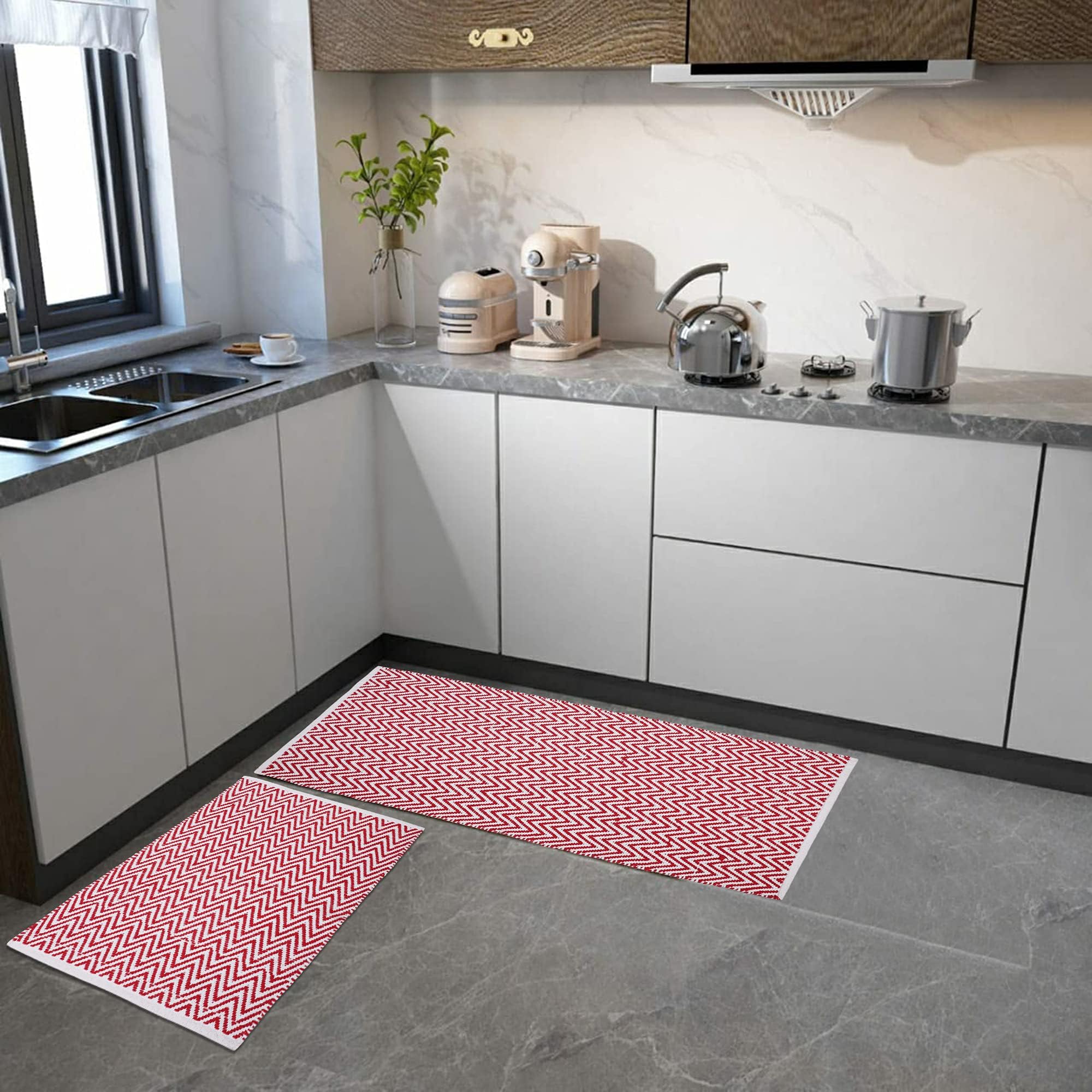 Zesture Extra Long Cotton Area Rug Runner 2'x6' Reversible Hand Woven Cotton Throw Rug Floor Mat Carpet Runner for Kitchen Bedroom Entryway Laundry Room, (24 " x 36 " + 24" x 60 ", Crimson- Ivory)