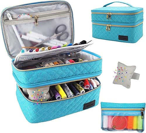 Miniatura 7 de Bolsa de coser, organizador de almacenamiento de costura, cesta de costura de doble capa, organizador de accesorios de costura grande, organizador