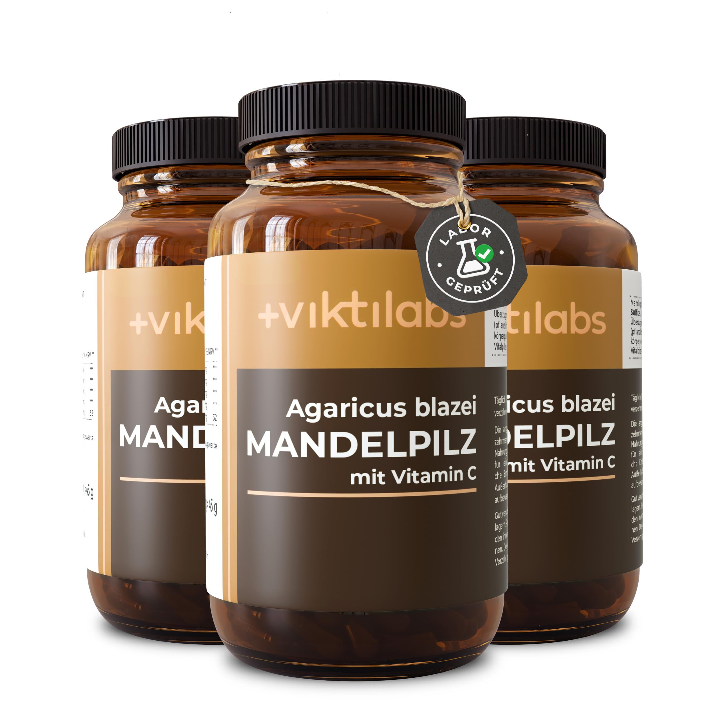 Viktilabs© Mandelpilz - Agaricus blazei - Kapseln hochdosiert - 400mg Mandelpilz Extrakt + 110mg Pulver pro Kapsel | Vitamin C aus Acerola-Kirschen | Entwickelt in Deutschland (3er Pack)