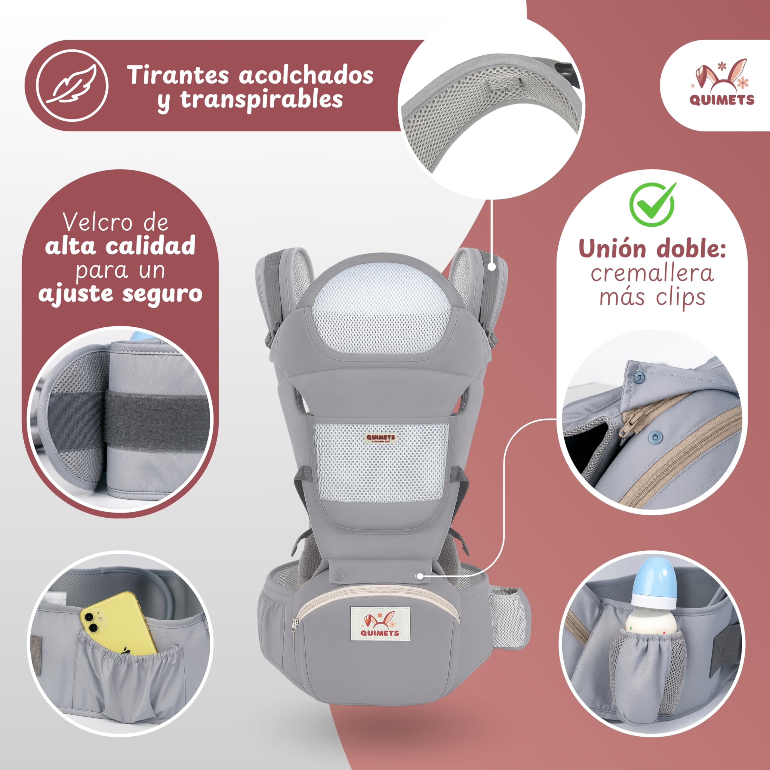 QUIMETS | Mochila Portabebés 6 en 1 Recién Nacido Transpirable y Ergonómica – Suave, Ligera e Ideal para Largos Paseos – Ajuste Cómodo para Mamá y Papá – Incluye Muselina de Regalo — view 5