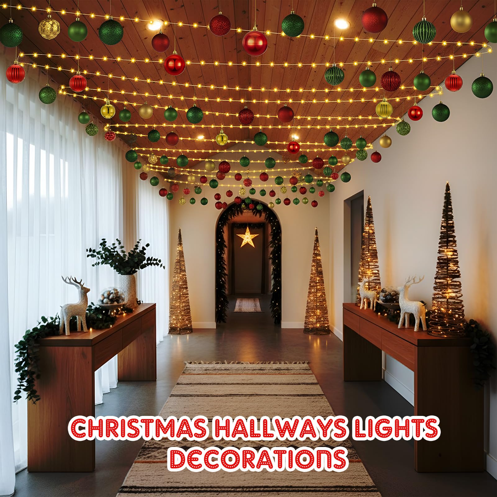 Halloscume Weihnachts-Lichterkette für Flure, Deckenleuchten, Dekorationen, 19,8 m, LED-Lichterkette mit Fernbedienung, 63 Weihnachtskugeln, Ornamente, DIY, Urlaub, Party, Veranda-Dekoration