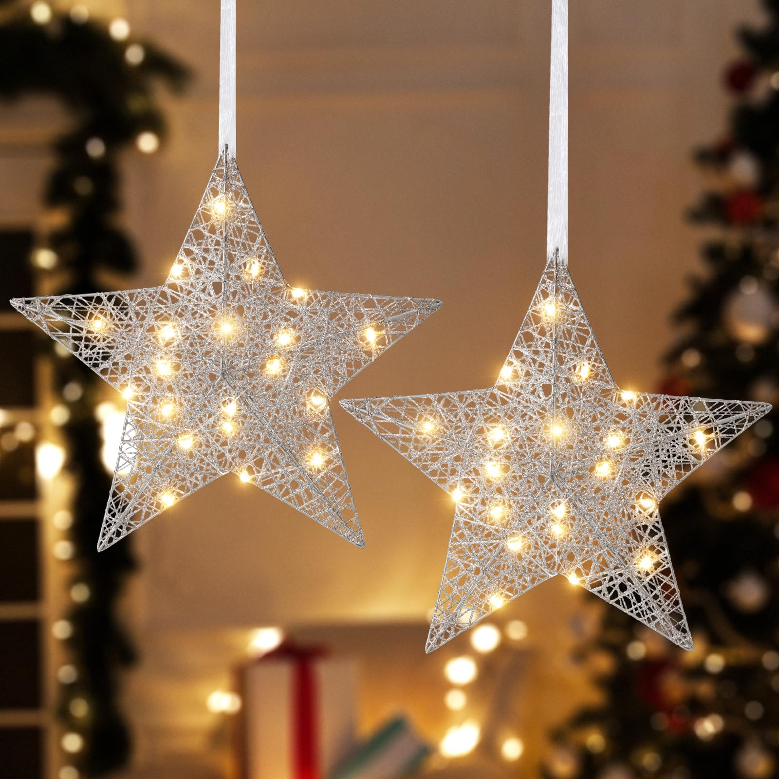 Lewondr Hanging Light Star Shape, Lighted for Christmas Decorative Hanging Ornament, Battery Operated Iron Wire LED Decor Light for Xmas Holiday Room Home Party, Timer Function, Silver